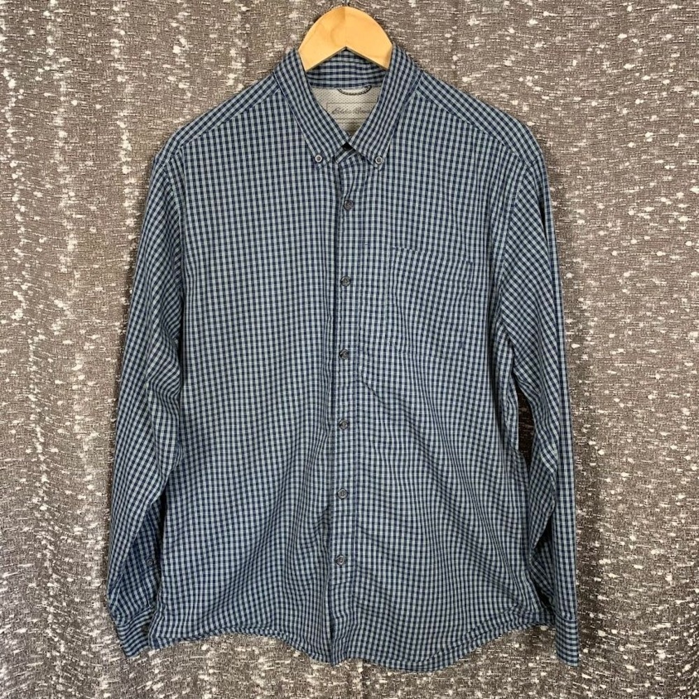 Eddie Bauer Mens Large Blue Gingham Check Long Sleeve Button Down Shirt
